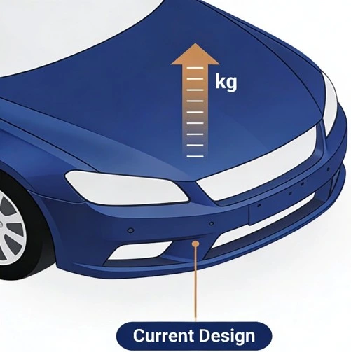 Current hood design with standard weight specifications before lightweight optimization
