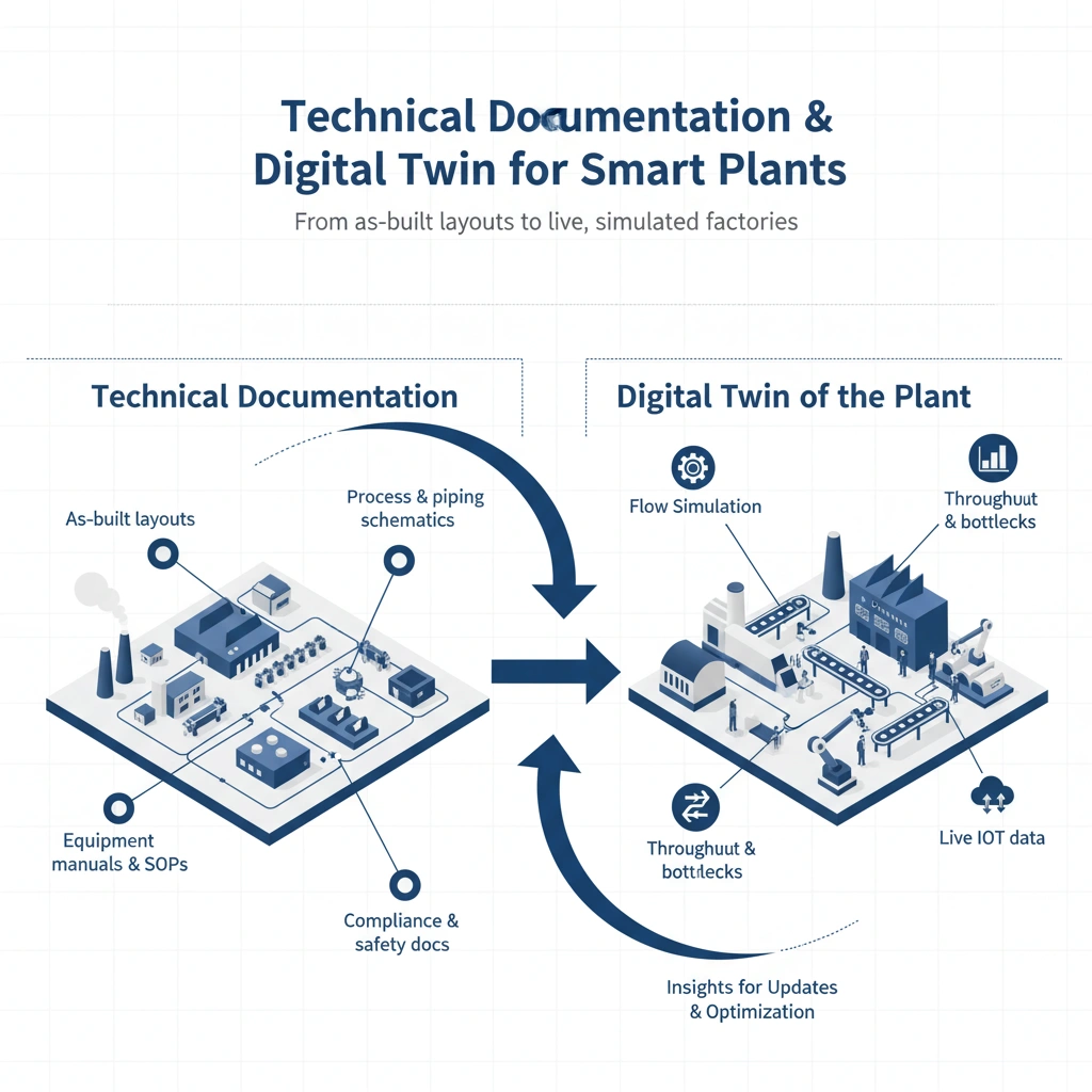 Digital twin process integration infographic combining technical documentation with plant simulation and layout optimization