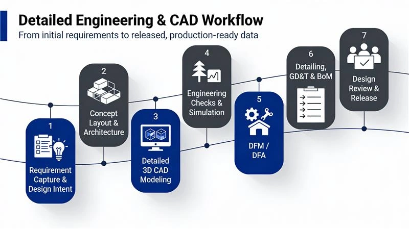 7-step detailed engineering and CAD workflow infographic showing requirement capture to design release