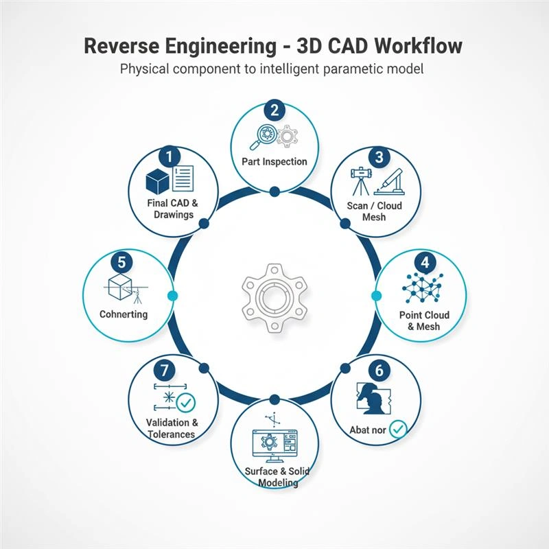 Comprehensive 6-step reverse engineering process workflow from 3D scanning to parametric CAD modeling