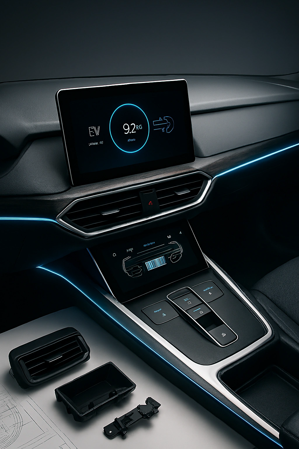 Automotive interior design workspace with CAD models and precision engineering tools at MG Techworks