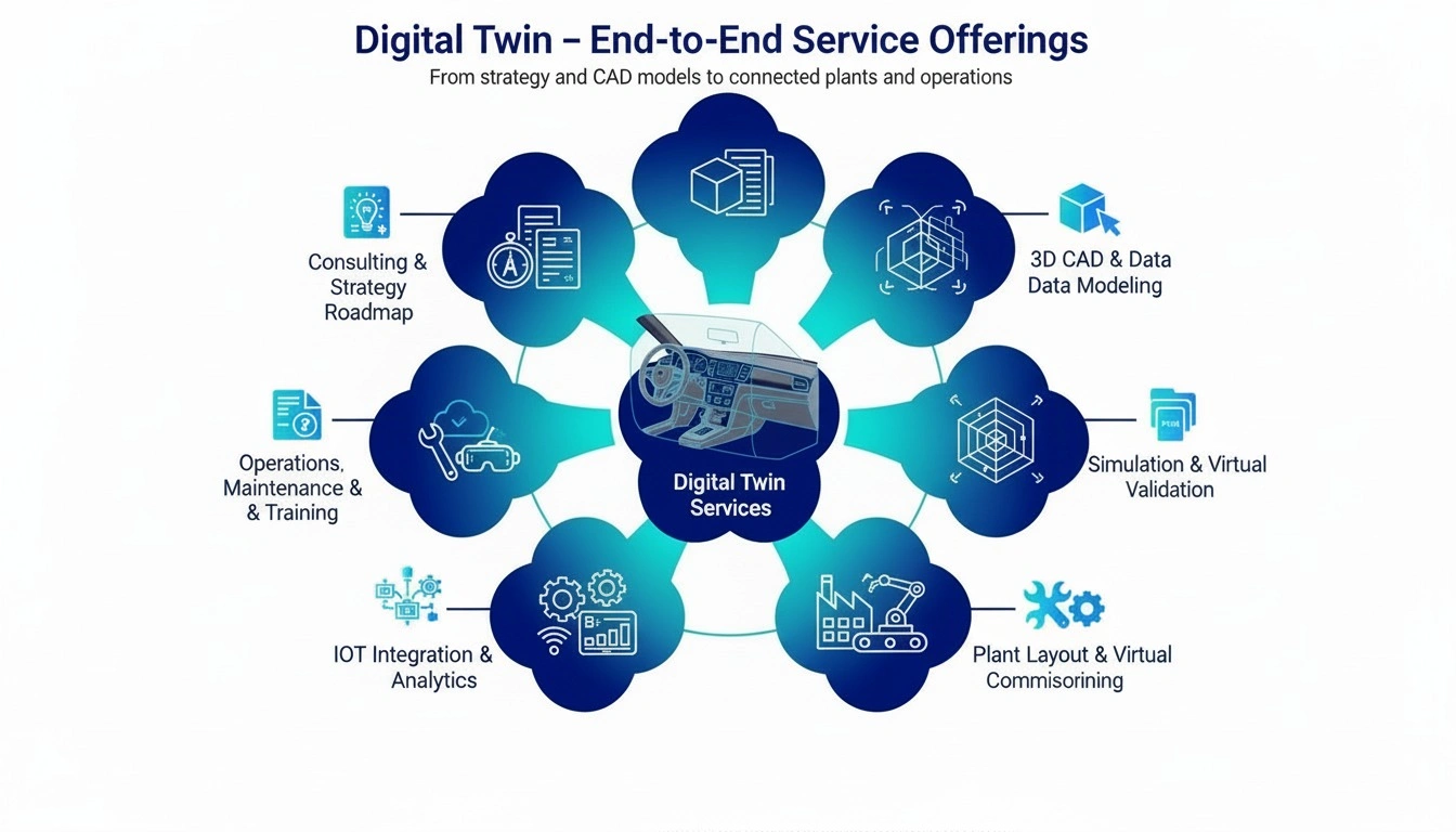 Digital twin process visualization showing the integration of CAD models with real-time operational data