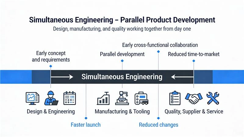 Simultaneous Engineering parallel workflow diagram showing concurrent design, analysis, and process planning
