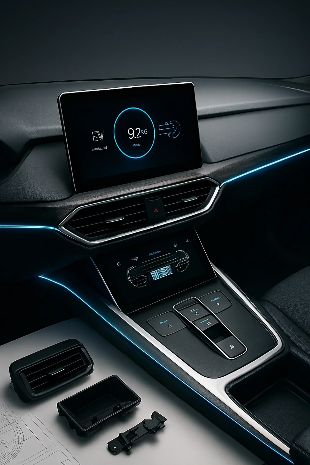 Automotive interior design and product development workspace showing engineering tools and CAD designs